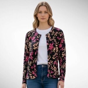 Lands End 100% Supima Cotton Floral Buttonfront Long-Sleeve Cardigan